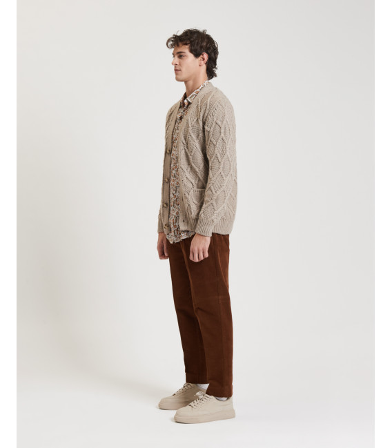 V-neck cardigan with diamond knit pattern in wool blend