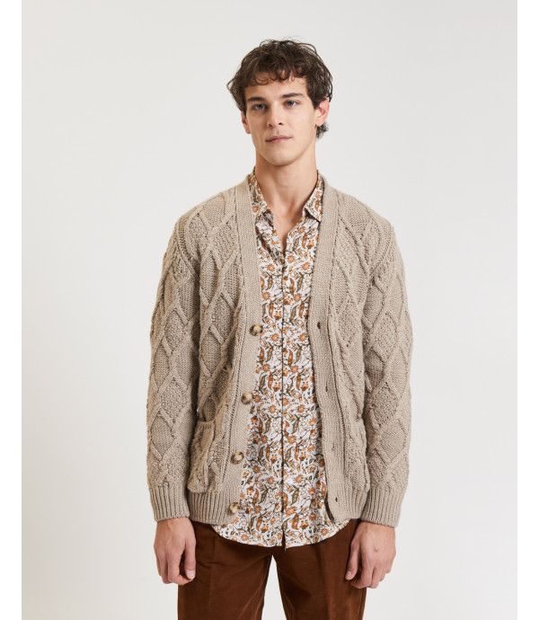 V-neck cardigan with diamond knit pattern in wool blend