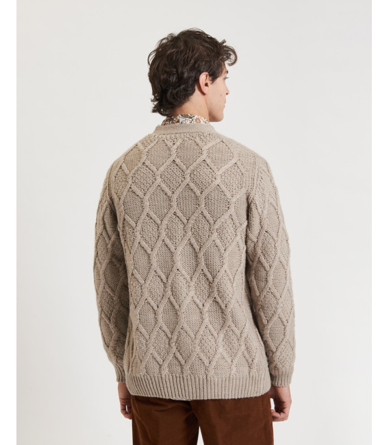 V-neck cardigan with diamond knit pattern in wool blend