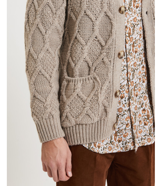 V-neck cardigan with diamond knit pattern in wool blend