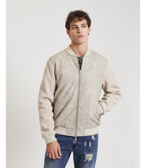 Faux-leather jacket with ribbed sleeves