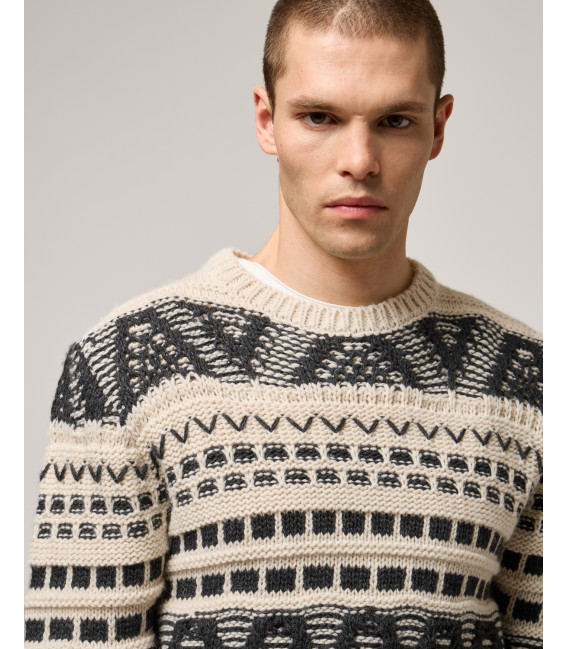 Maglia jacquard girocollo con motivo geometrico in misto lana
