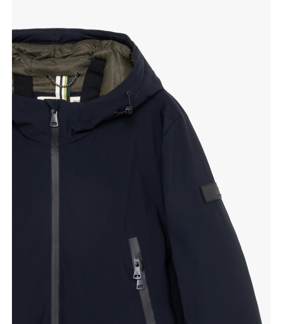 Tech fabric parka with hood and zip pockets