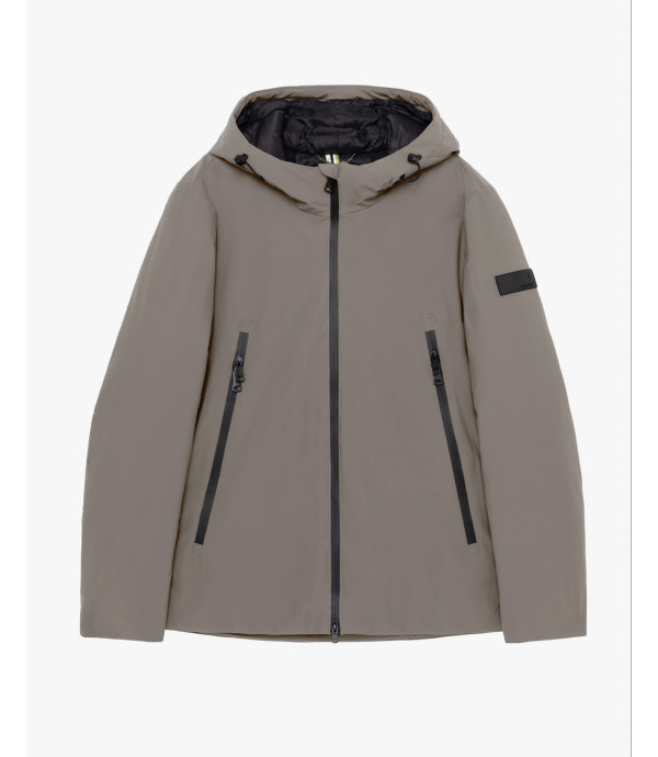 Tech fabric parka with hood and zip pockets