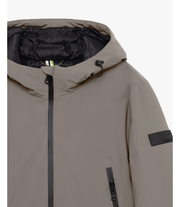 Tech fabric parka with hood and zip pockets