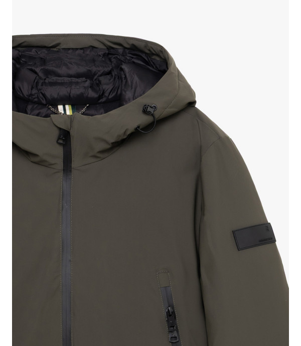 Tech fabric parka with hood and zip pockets