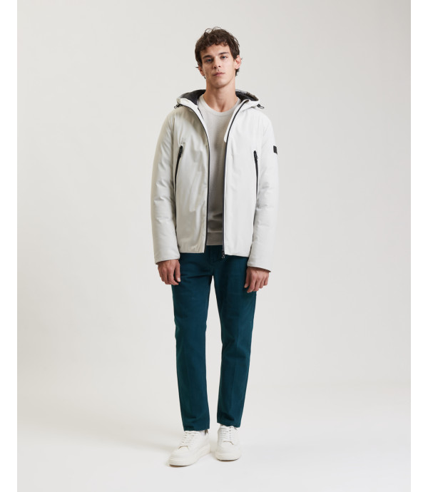 Tech fabric parka with hood and zip pockets