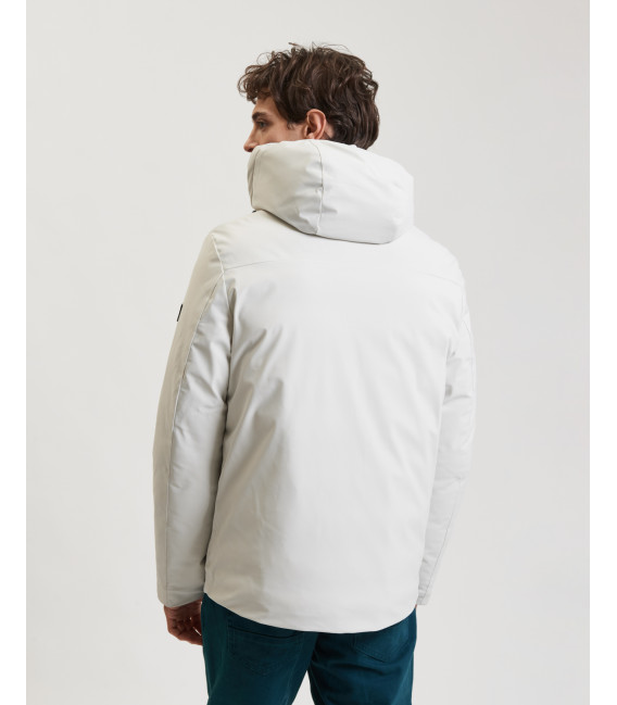 Tech fabric parka with hood and zip pockets