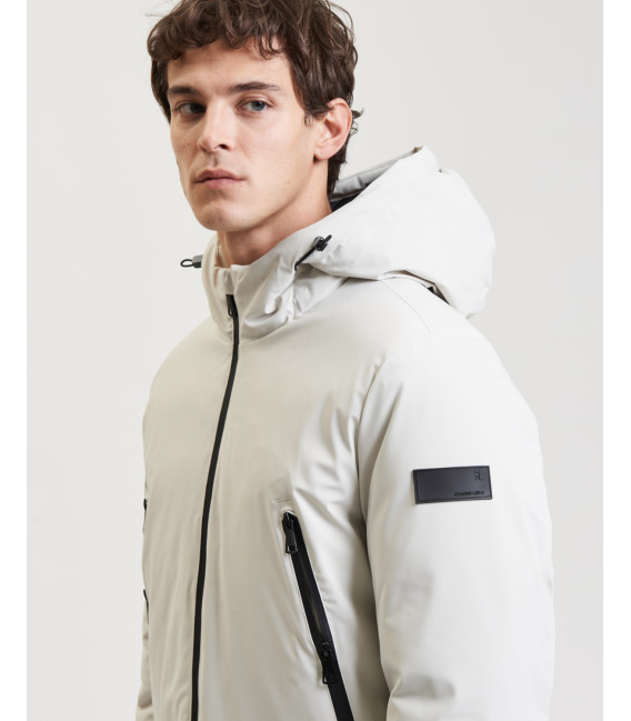 Tech fabric parka with hood and zip pockets