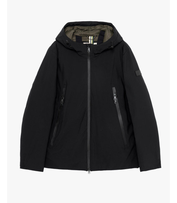 Tech fabric parka with hood and zip pockets