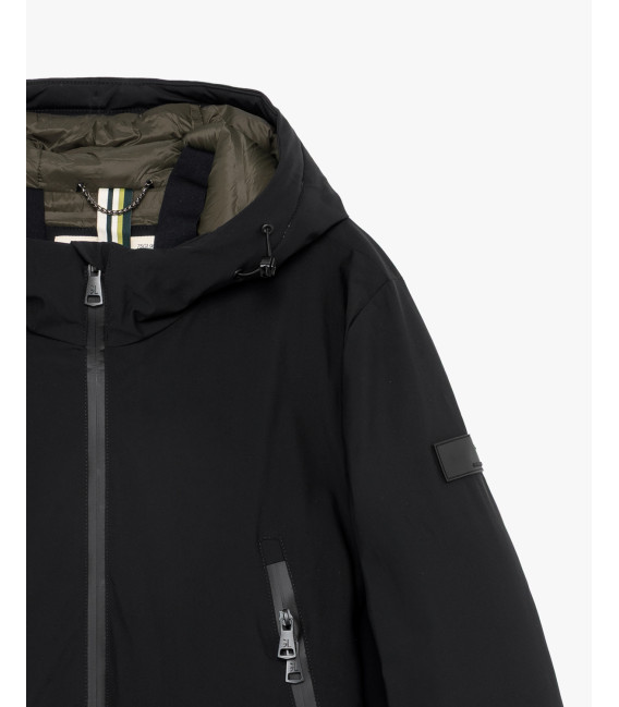 Tech fabric parka with hood and zip pockets