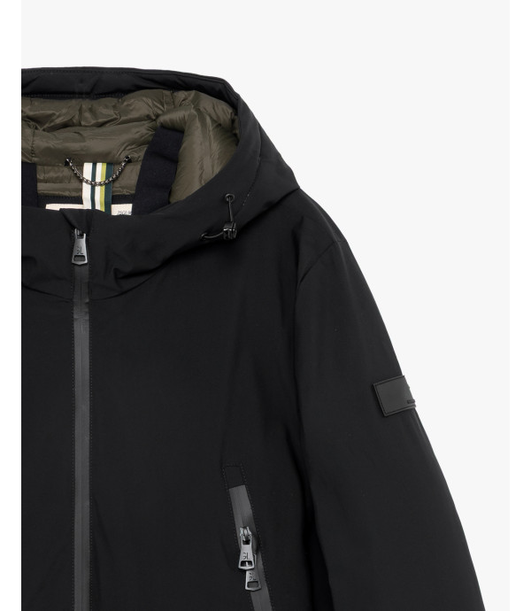 Tech fabric parka with hood and zip pockets