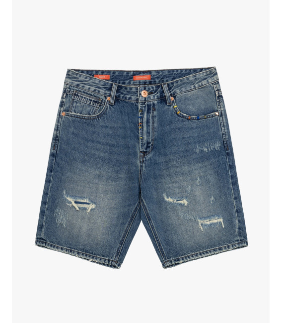 Denim bermuda shorts with used wash and destroyed details