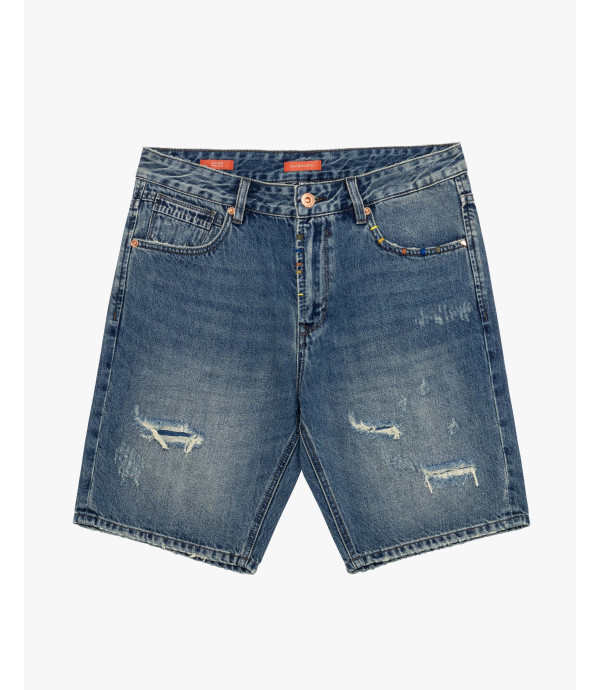 Denim bermuda shorts with used wash and destroyed details