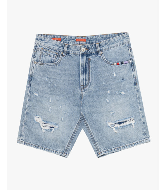 Denim bermuda shorts with distressed details
