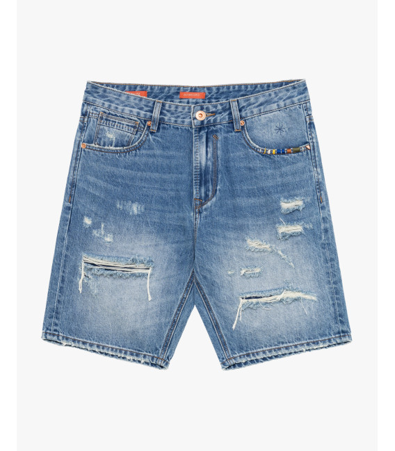 Denim bermuda shorts with distressed details