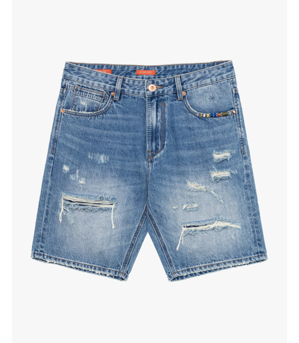 Denim bermuda shorts with distressed details