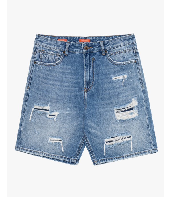 Denim bermuda shorts with distressed details