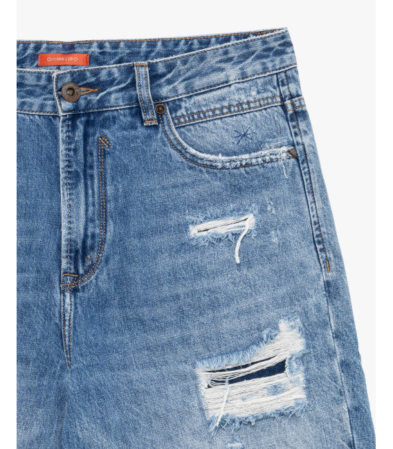 Denim bermuda shorts with distressed details