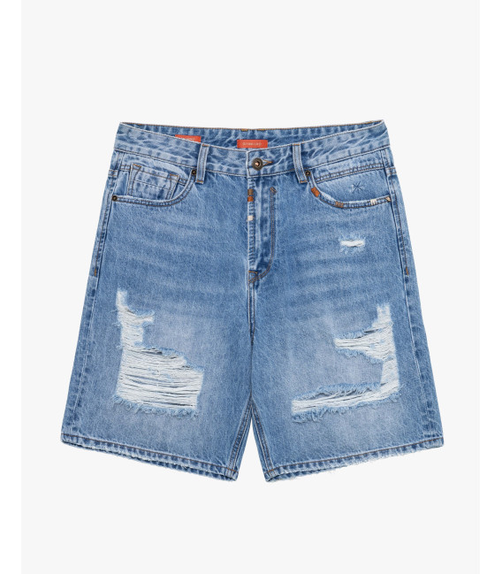 Denim bermuda shorts with distressed details