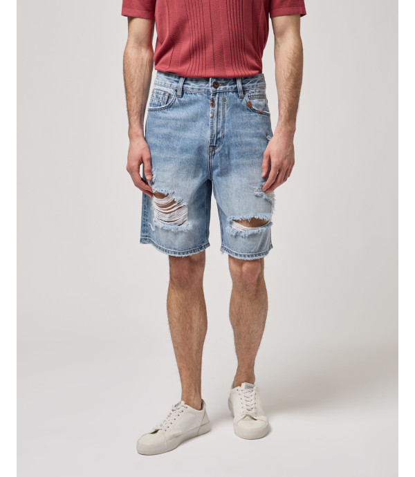 Denim bermuda shorts with distressed details