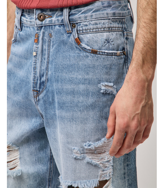 Denim bermuda shorts with distressed details