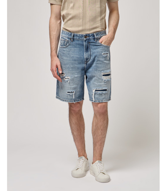 Denim bermuda shorts with distressed details
