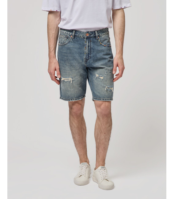 Denim bermuda shorts with used wash and destroyed details