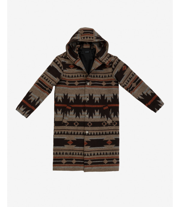 Ethnic print oversized long coat with hood