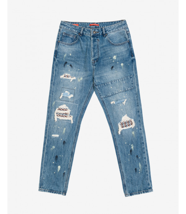 More about GRANT100 carrot fit jeans with rips &amp; repairs patched and paint droplets