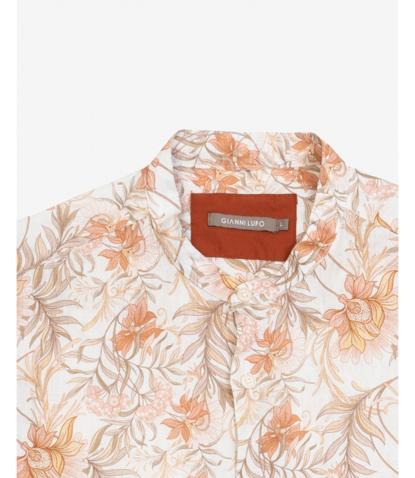 Mandarin collar shirt with floral print in linen