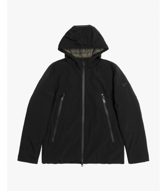 Tech fabric parka with hood and zip pockets