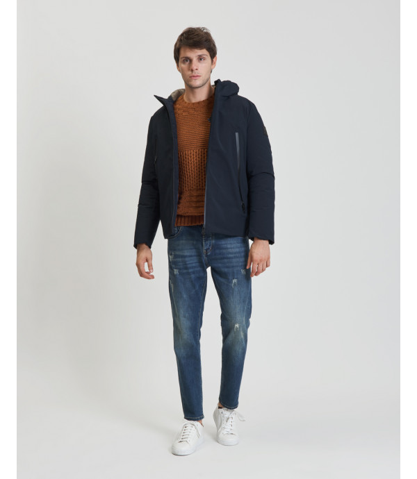 Tech fabric parka with hood and zip pockets