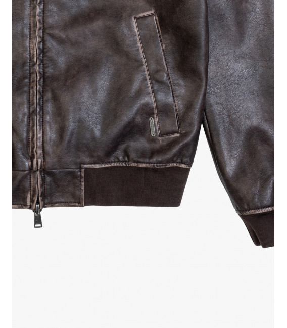 Distressed effect faux-leather bomber jacket