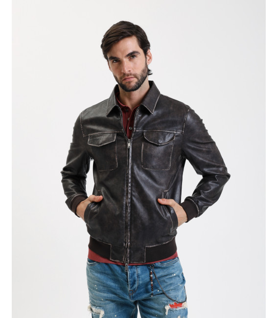 Distressed effect faux-leather bomber jacket