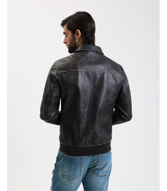 Distressed effect faux-leather bomber jacket