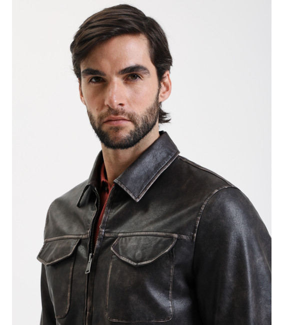 Distressed effect faux-leather bomber jacket