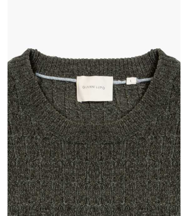 Chenille cable-knit crew-neck sweater