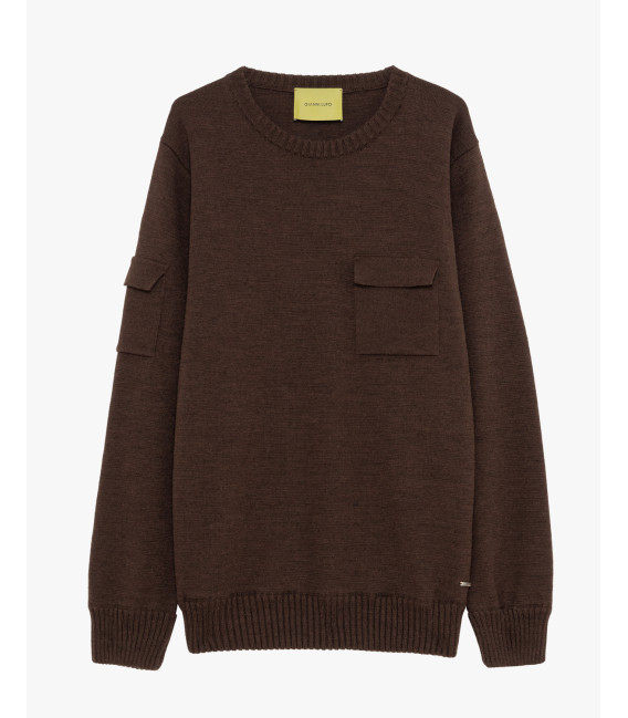 Crew-neck sweater in wool blend with chest pocket and sleeve detail
