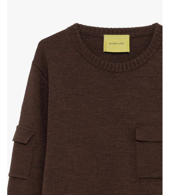 Crew-neck sweater in wool blend with chest pocket and sleeve detail