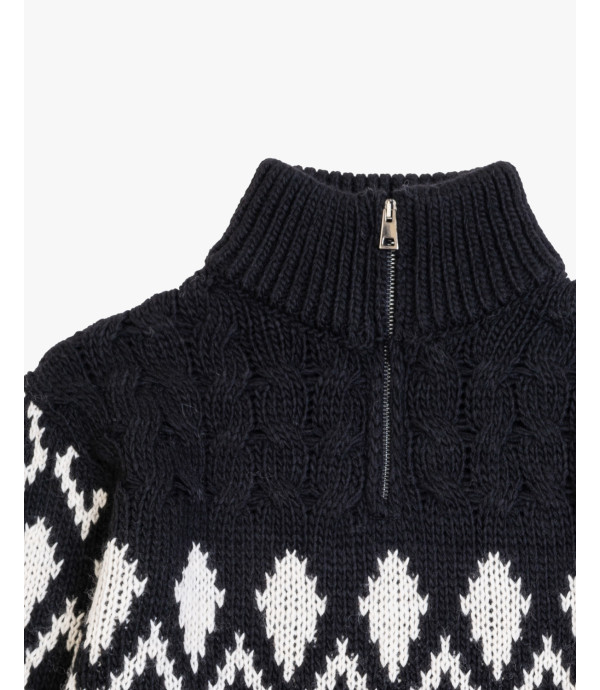 Half-zip high-neck sweater with jacquard pattern in wool blend