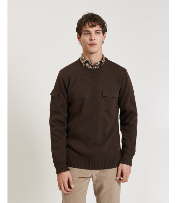 Crew-neck sweater in wool blend with chest pocket and sleeve detail