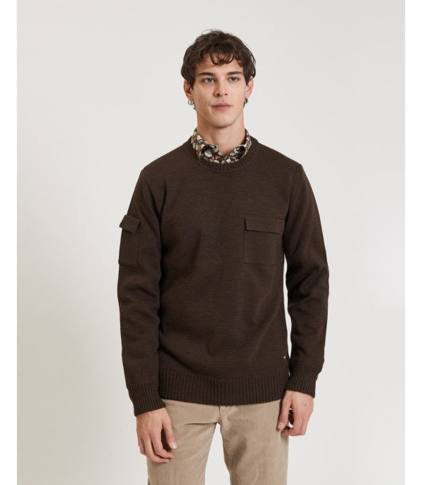 Crew-neck sweater in wool blend with chest pocket and sleeve detail