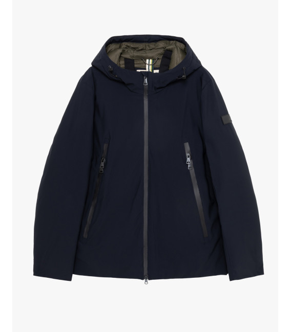 Tech fabric parka with hood and zip pockets