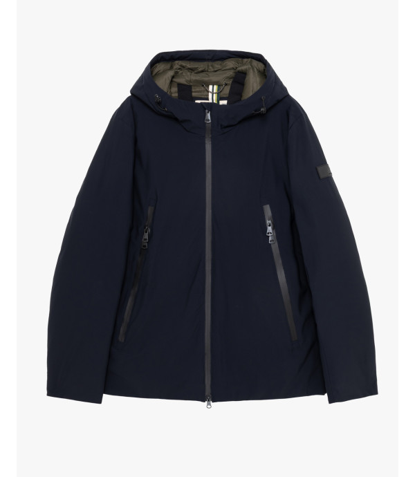 Tech fabric parka with hood and zip pockets