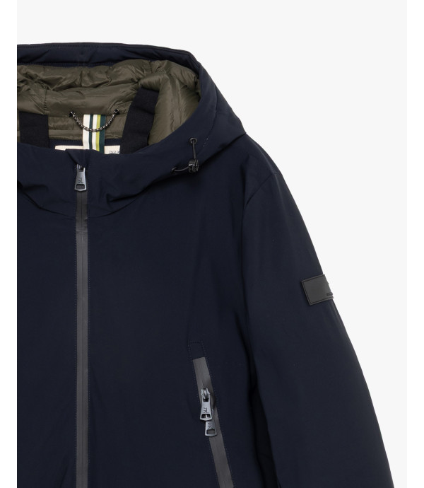 Tech fabric parka with hood and zip pockets