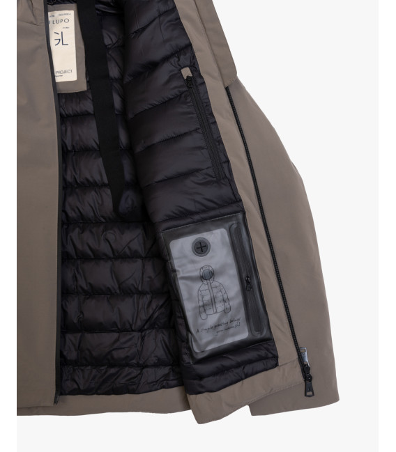 Tech fabric parka with hood and zip pockets