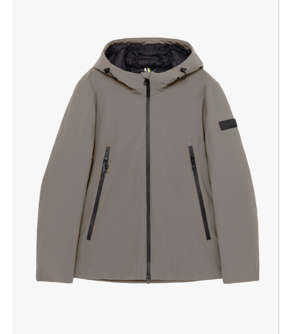 Tech fabric parka with hood and zip pockets