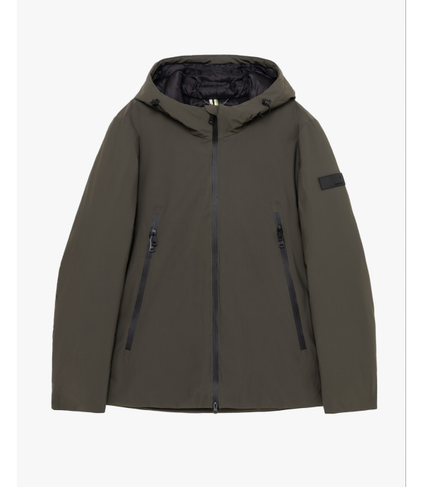Tech fabric parka with hood and zip pockets