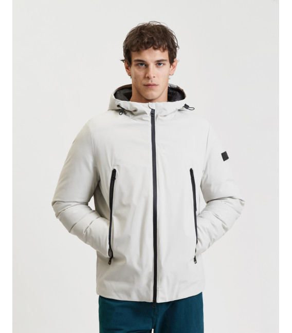 Tech fabric parka with hood and zip pockets